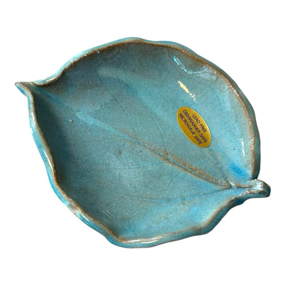 Vtg‎ Jixing Clay Pottery Glazed Leaf Trinket Tray Candy Dish Teal Brown 8”x 6”